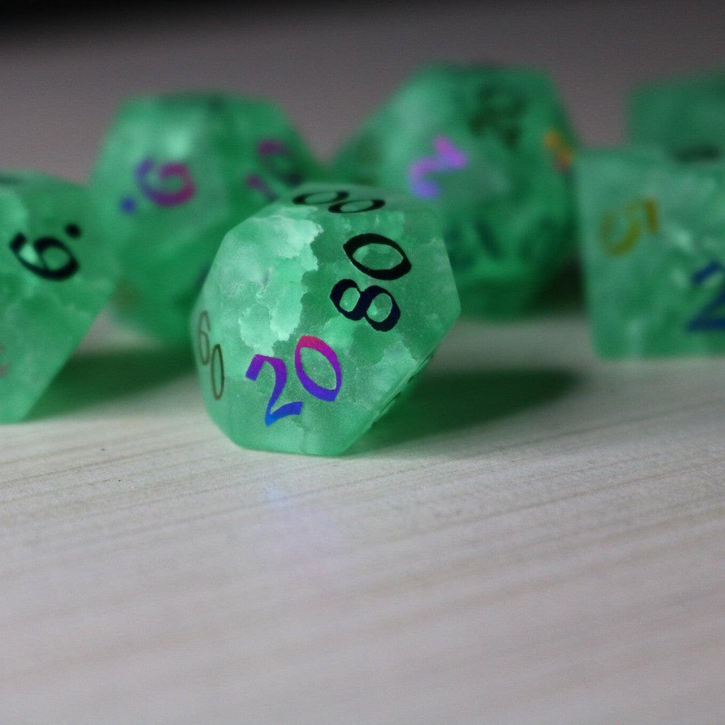 Green Mint Inked Lightning Cracked Glass DND Dice Set | Gemstone Dice | Wiccan Center