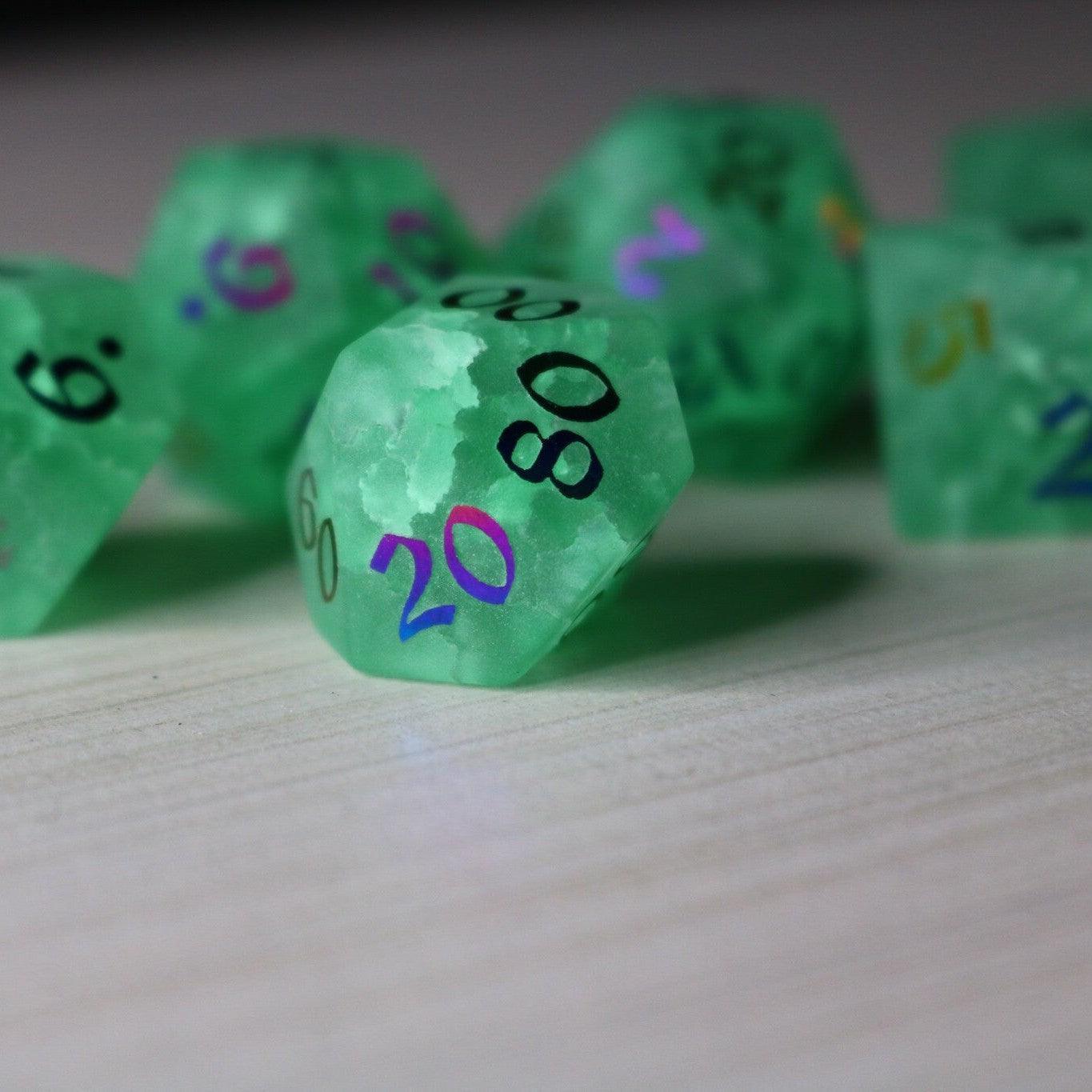 Green Mint Inked Lightning Cracked Glass DND Dice Set | Gemstone Dice | Wiccan Center