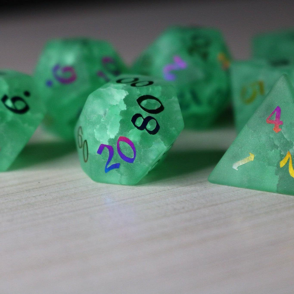 Green Mint Inked Lightning Cracked Glass DND Dice Set | Gemstone Dice | Wiccan Center