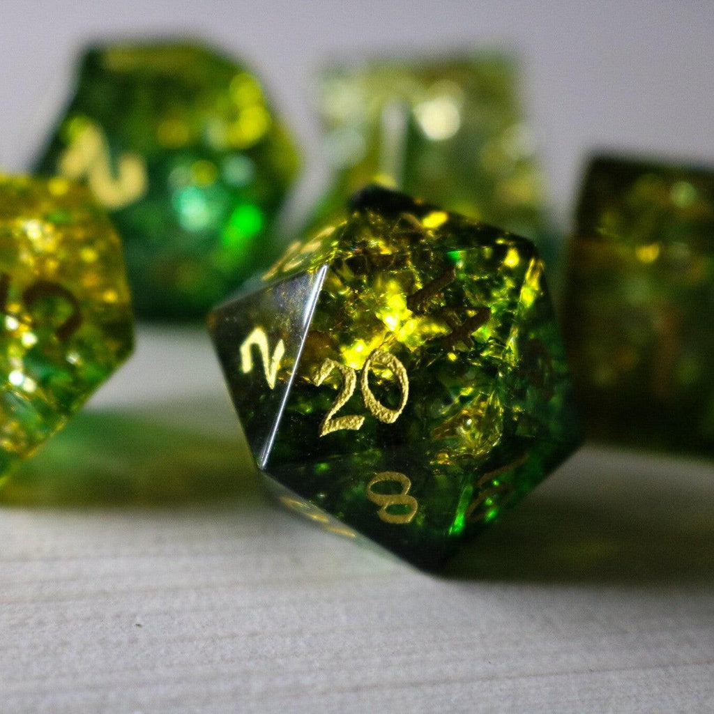 Green Poison Forge Fire Cracked Glass DND Dice Set | Gemstone Dice | Wiccan Center