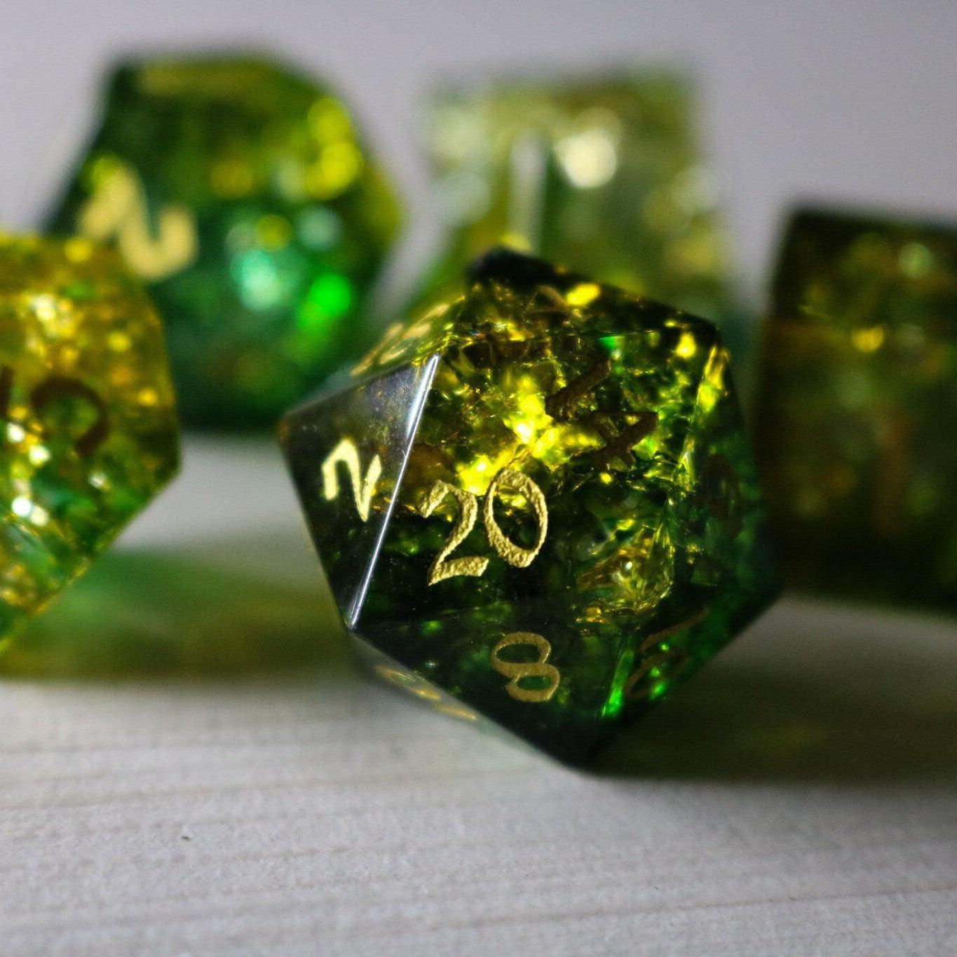 Green Poison Forge Fire Cracked Glass DND Dice Set | Gemstone Dice | Wiccan Center