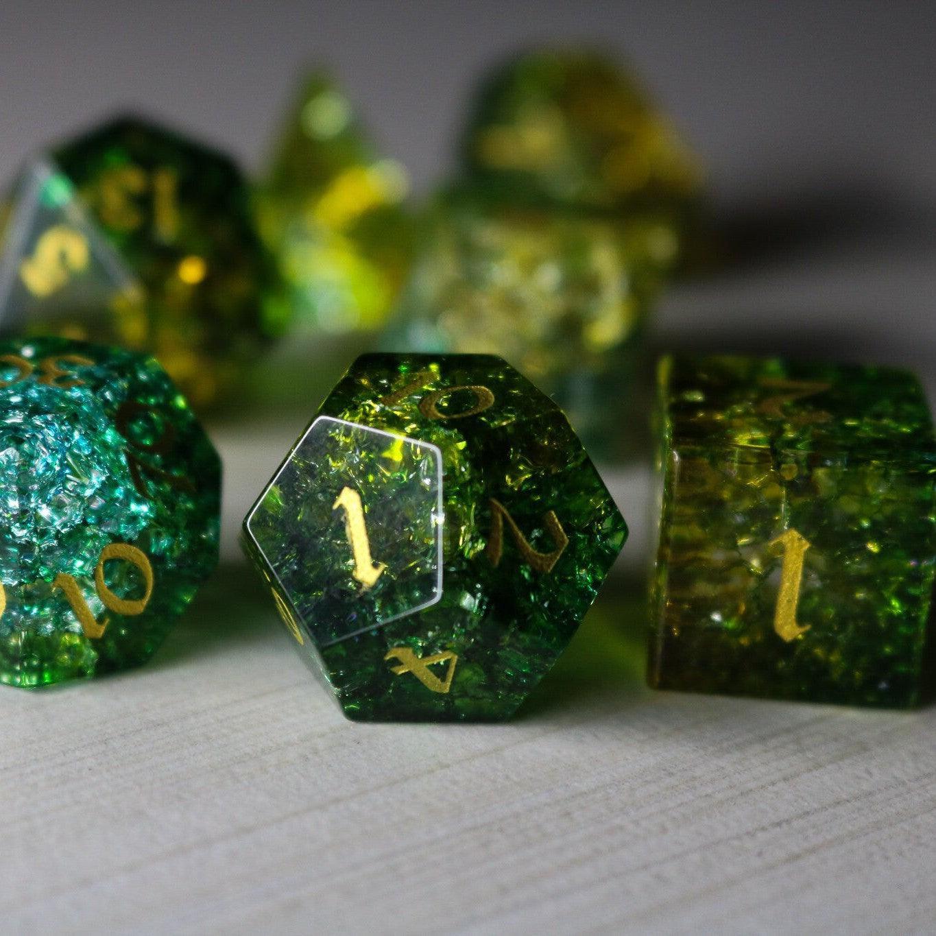 Green Poison Forge Fire Cracked Glass DND Dice Set | Gemstone Dice | Wiccan Center
