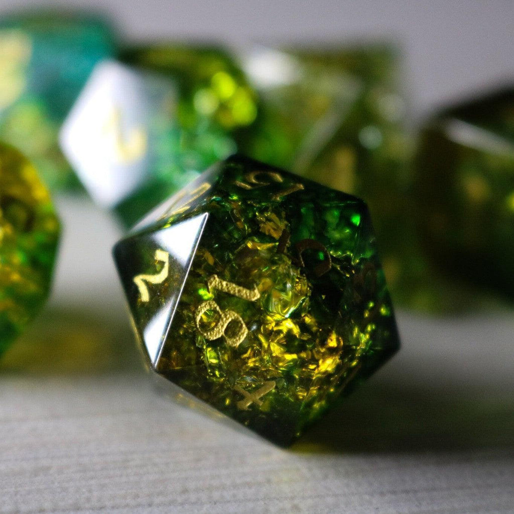Green Poison Forge Fire Cracked Glass DND Dice Set | Gemstone Dice | Wiccan Center