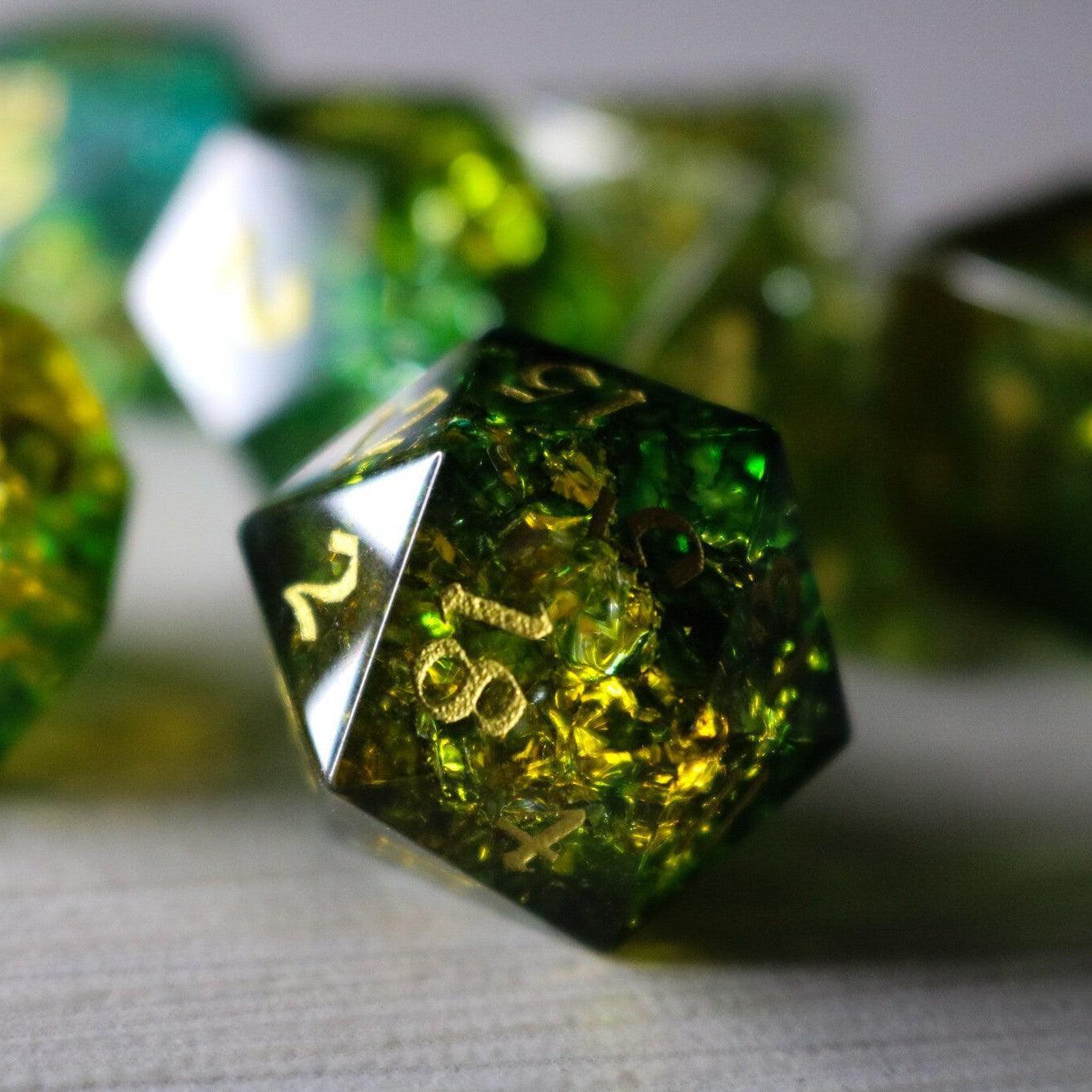 Green Poison Forge Fire Cracked Glass DND Dice Set | Gemstone Dice | Wiccan Center