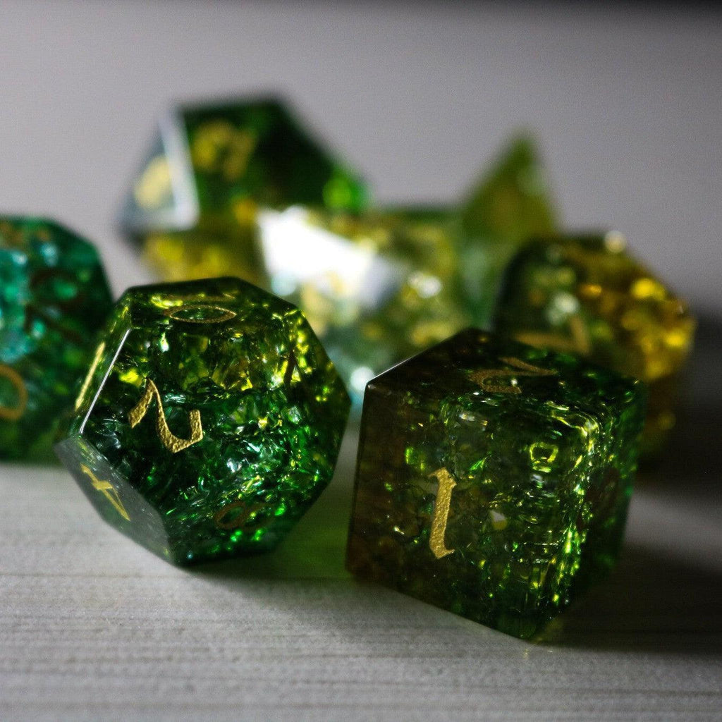 Green Poison Forge Fire Cracked Glass DND Dice Set | Gemstone Dice | Wiccan Center