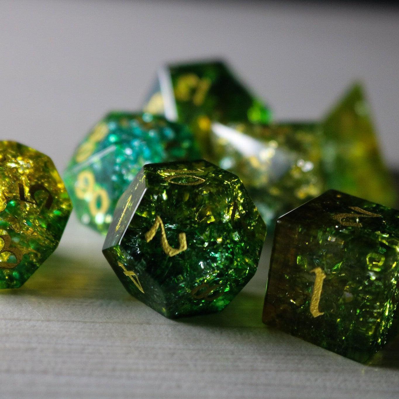 Green Poison Forge Fire Cracked Glass DND Dice Set | Gemstone Dice | Wiccan Center