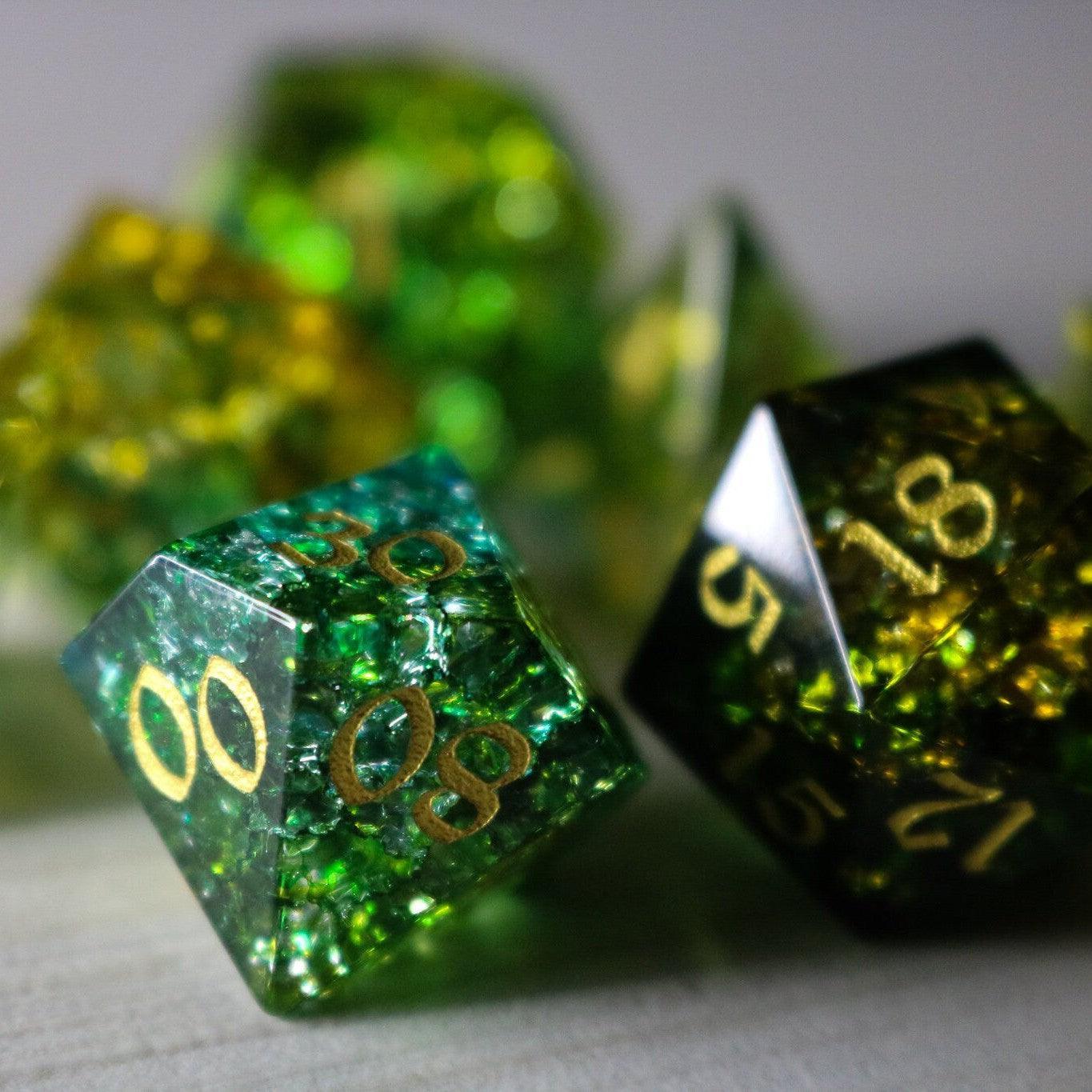 Green Poison Forge Fire Cracked Glass DND Dice Set | Gemstone Dice | Wiccan Center
