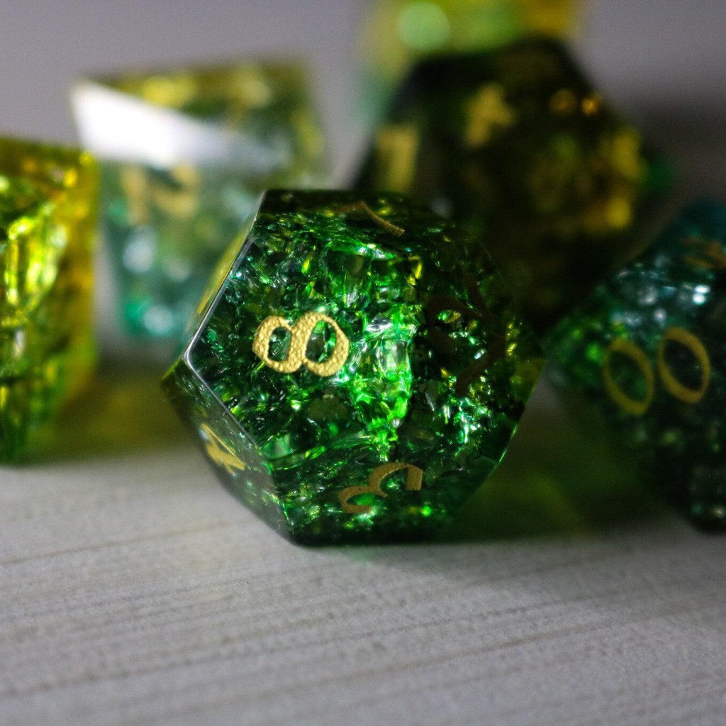 Green Poison Forge Fire Cracked Glass DND Dice Set | Gemstone Dice | Wiccan Center