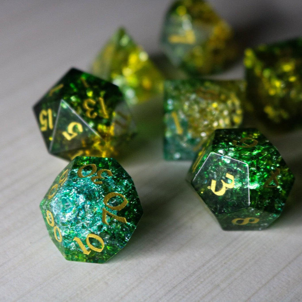 Green Poison Forge Fire Cracked Glass DND Dice Set | Gemstone Dice | Wiccan Center