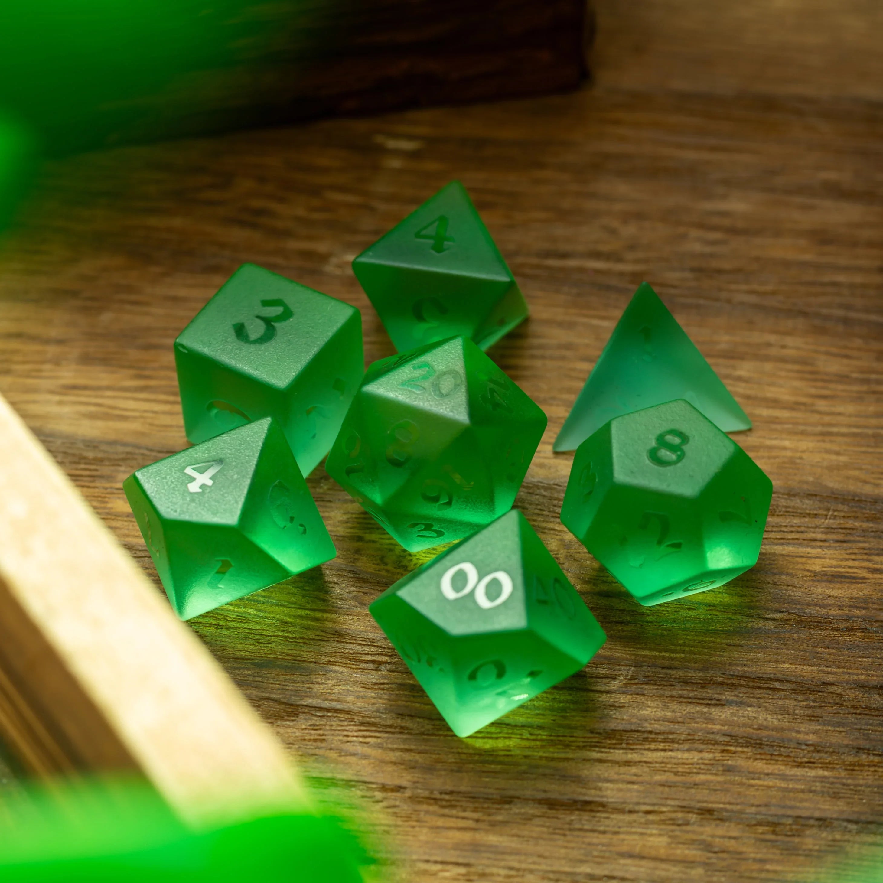 Green Raised Zircon Glass Hand Carved DND Dice Set | Gemstone Dice | Wiccan Center
