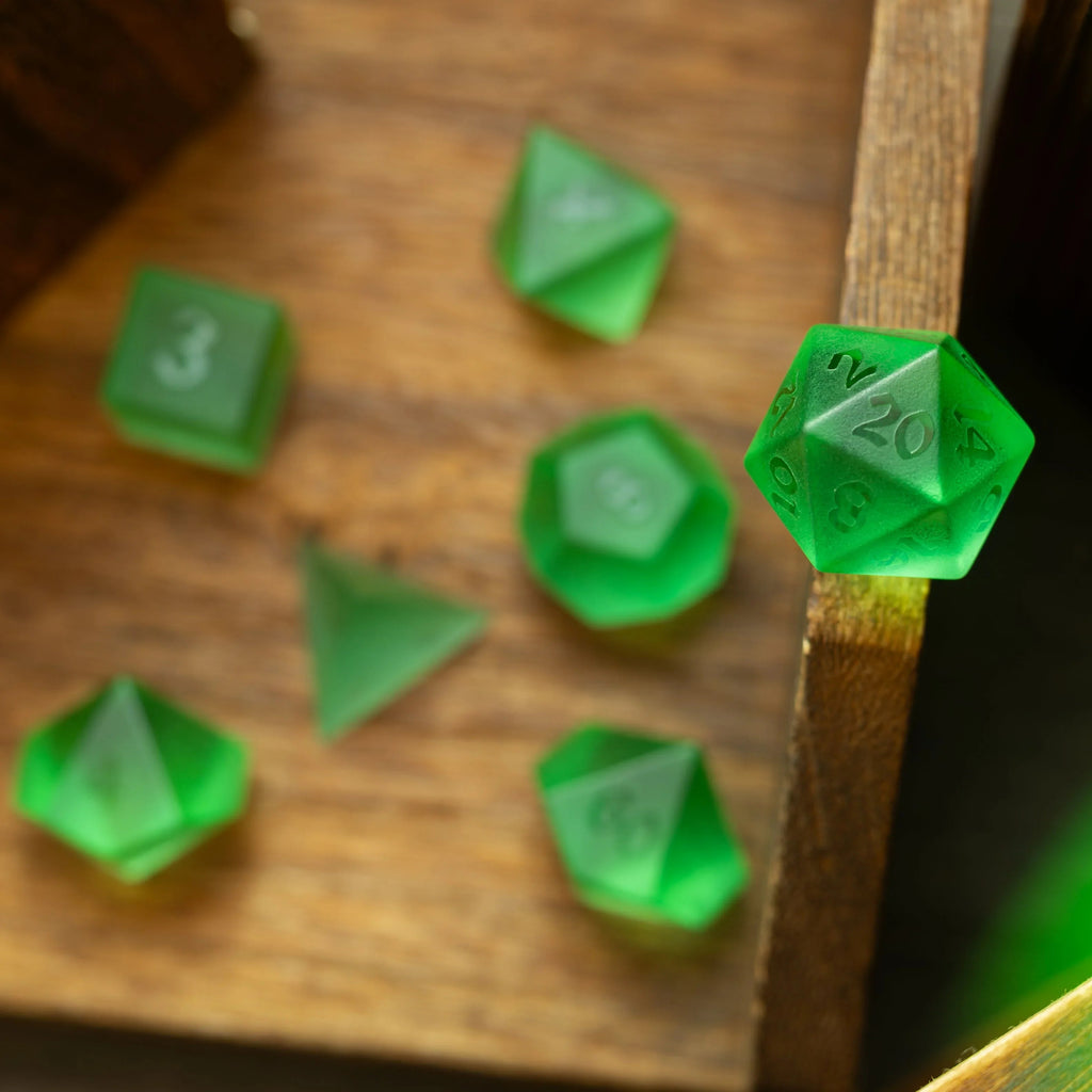 Green Raised Zircon Glass Hand Carved DND Dice Set | Gemstone Dice | Wiccan Center