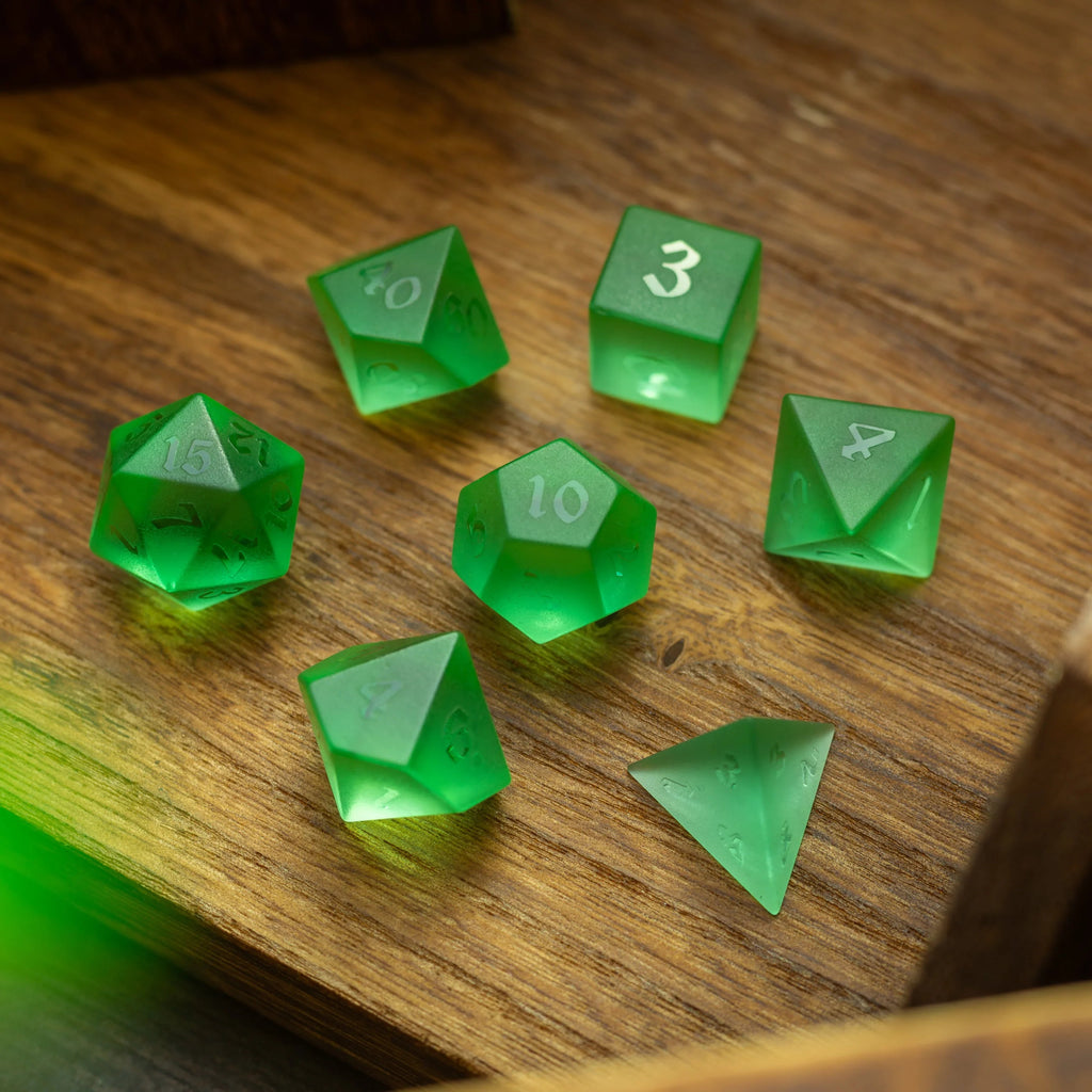 Green Raised Zircon Glass Hand Carved DND Dice Set | Gemstone Dice | Wiccan Center
