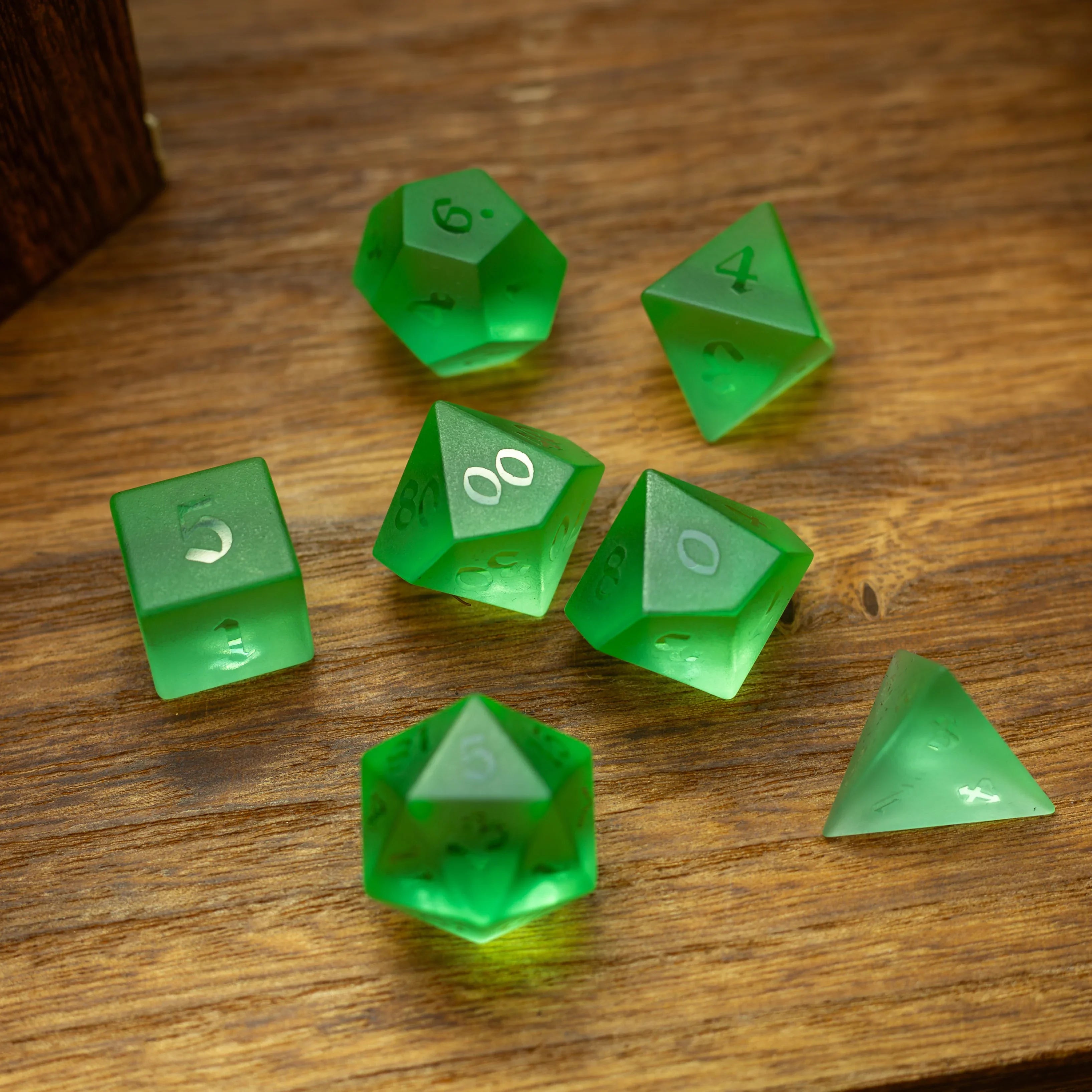 Green Raised Zircon Glass Hand Carved DND Dice Set | Gemstone Dice | Wiccan Center