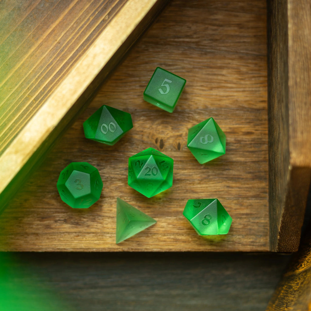 Green Raised Zircon Glass Hand Carved DND Dice Set | Gemstone Dice | Wiccan Center