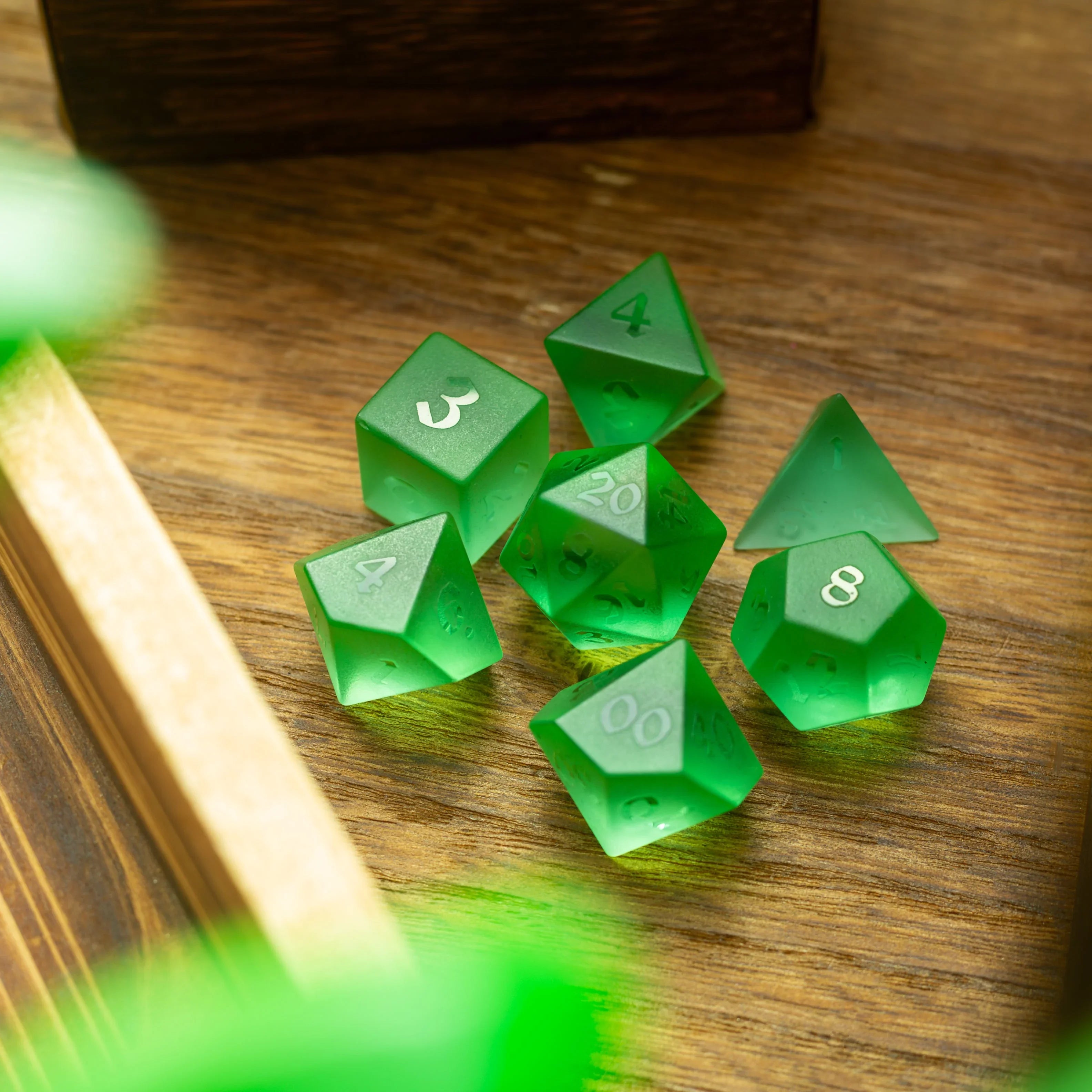 Green Raised Zircon Glass Hand Carved DND Dice Set | Gemstone Dice | Wiccan Center