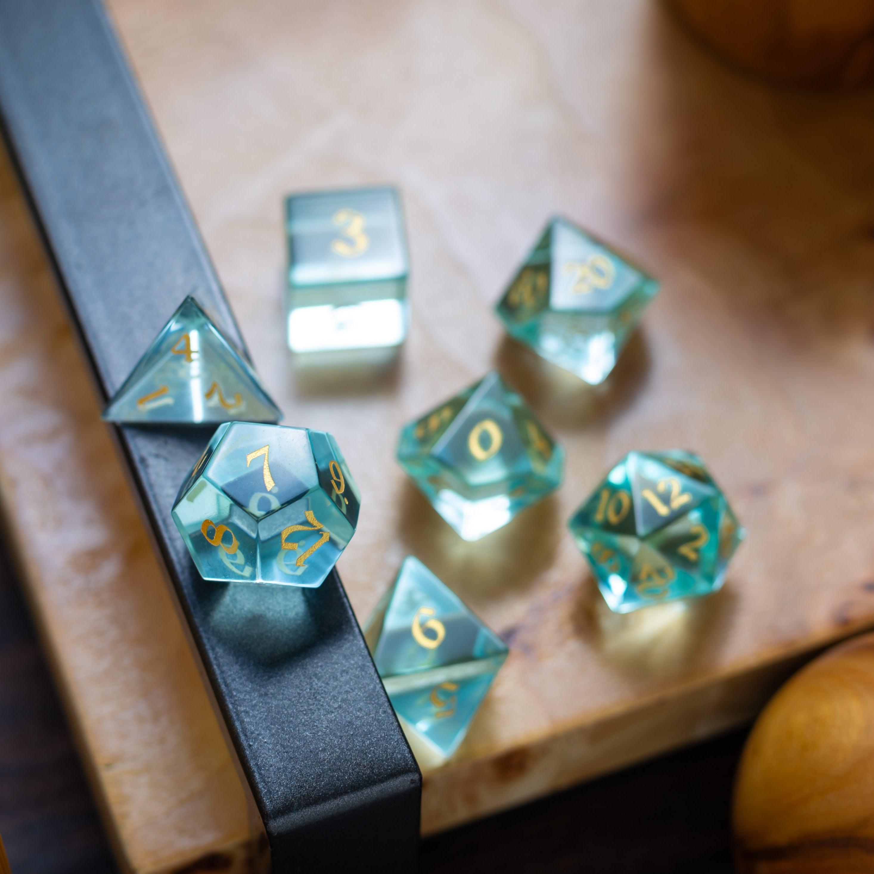 Green Water Glass Hand Carved DND Dice Set | Gemstone Dice | Wiccan Center