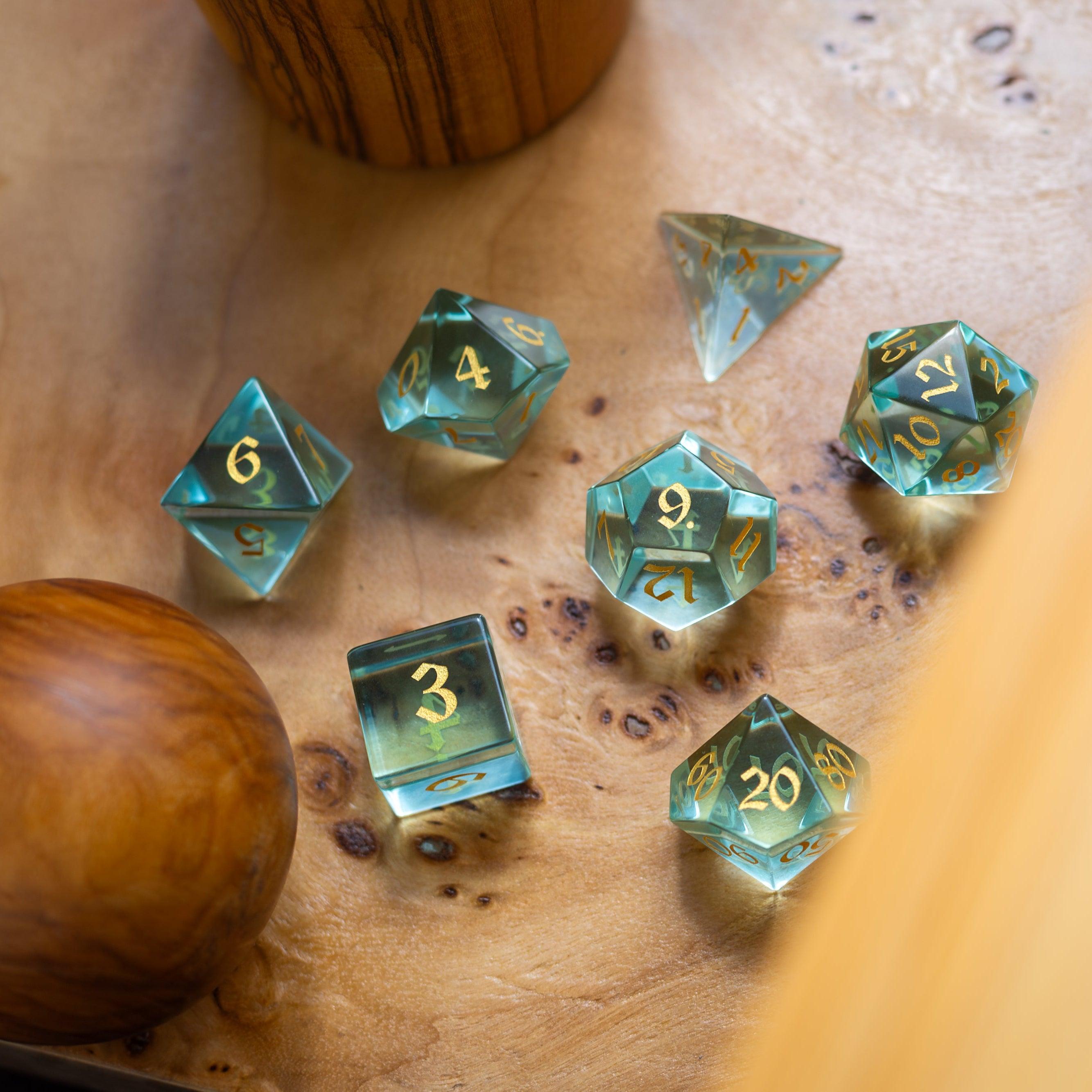Green Water Glass Hand Carved DND Dice Set | Gemstone Dice | Wiccan Center