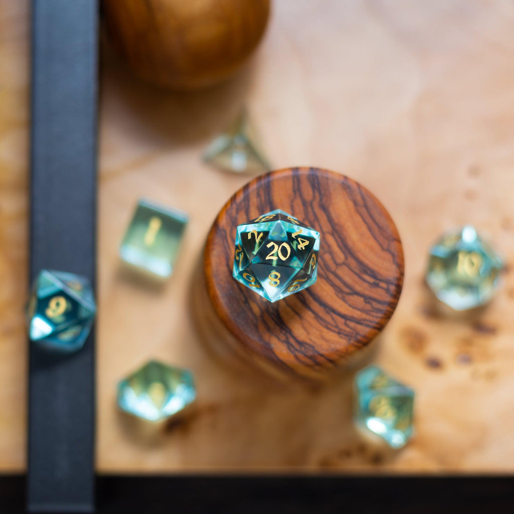 Green Water Glass Hand Carved DND Dice Set | Gemstone Dice | Wiccan Center