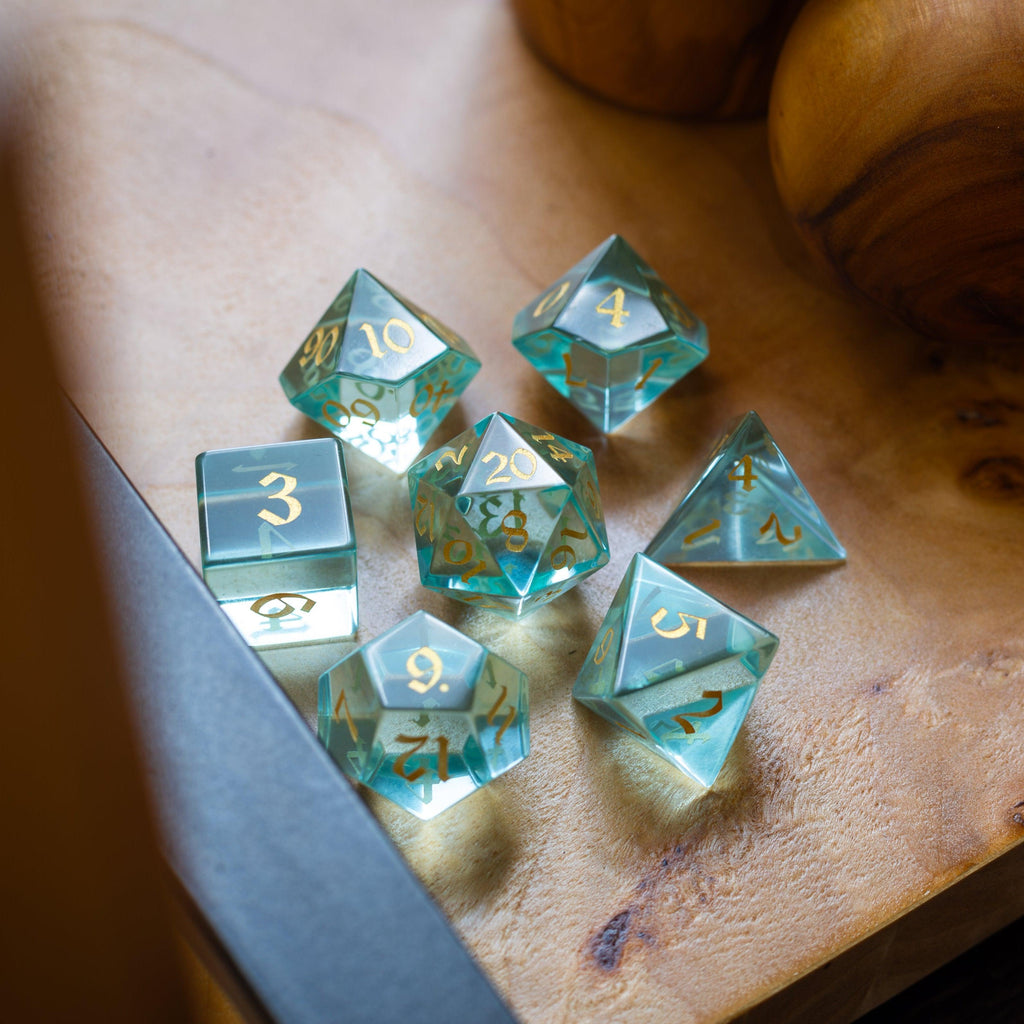 Green Water Glass Hand Carved DND Dice Set | Gemstone Dice | Wiccan Center