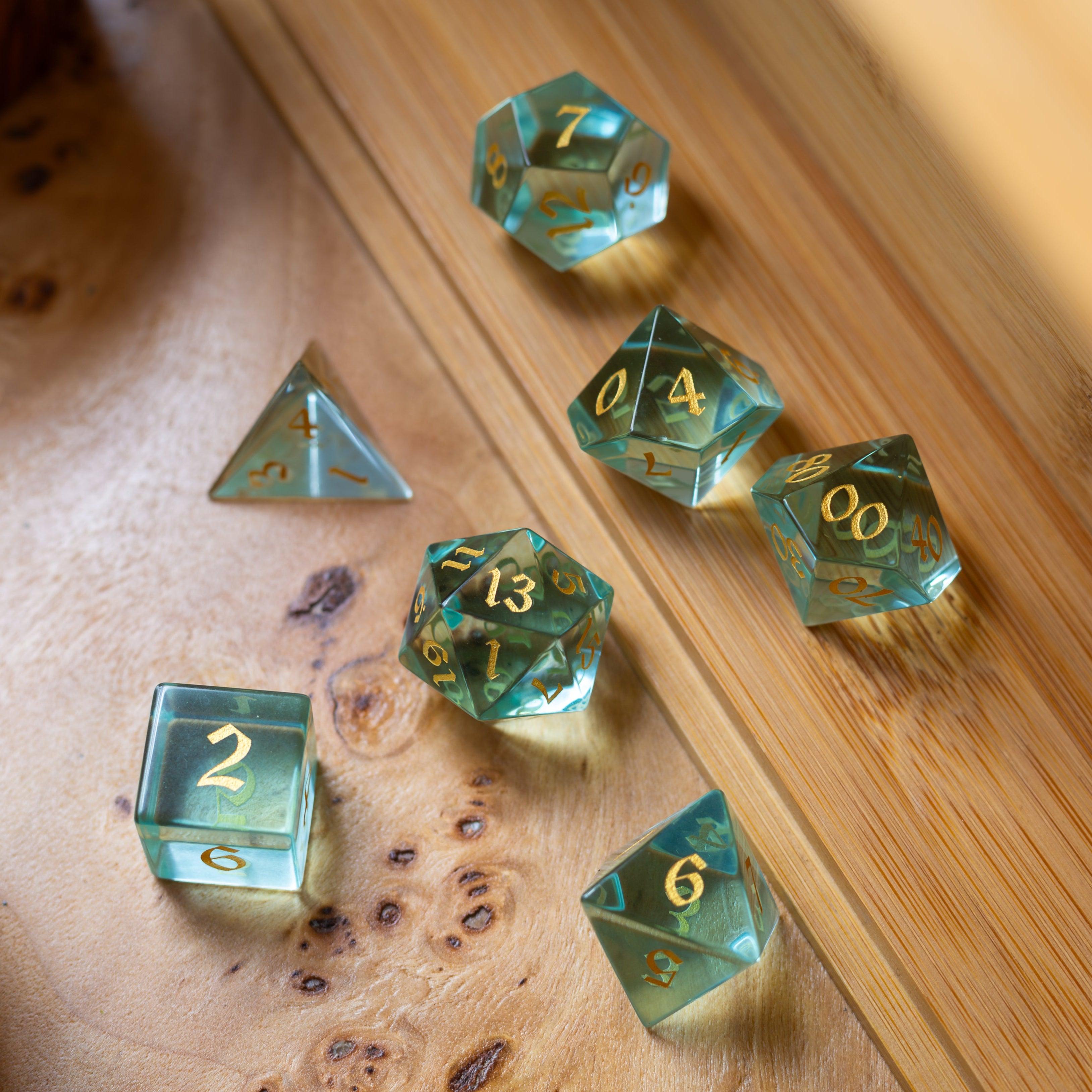 Green Water Glass Hand Carved DND Dice Set | Gemstone Dice | Wiccan Center