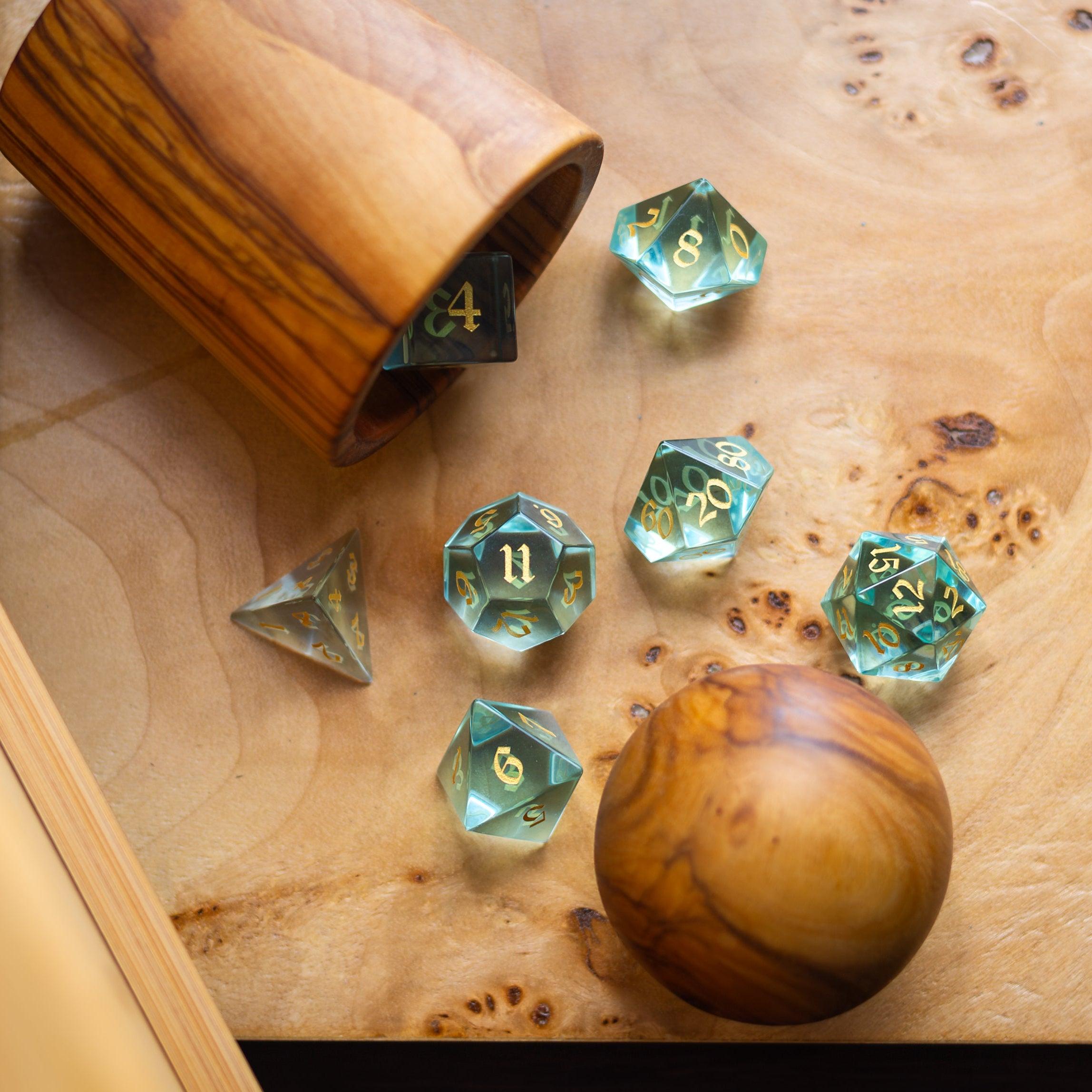 Green Water Glass Hand Carved DND Dice Set | Gemstone Dice | Wiccan Center