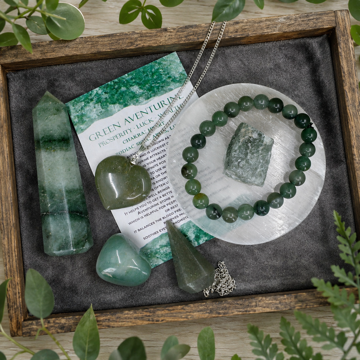 Green Aventurine Crystal Gift Set For Emotional Support and Protection, Real Polished Gemstones. | Merkaba & Platonic Solids | Wiccan Center