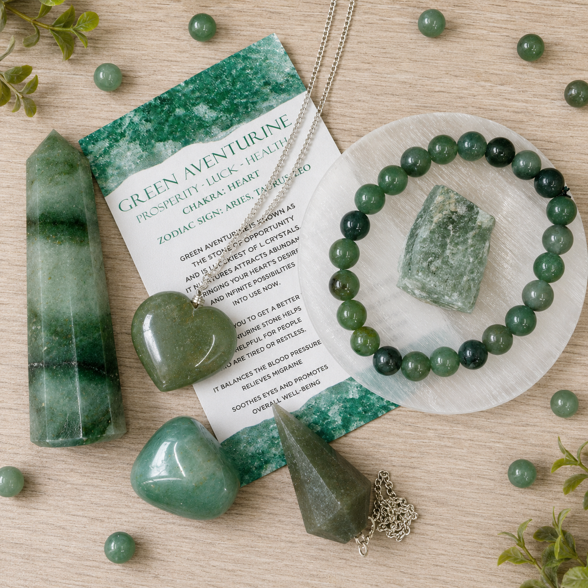 Green Aventurine Crystal Gift Set For Emotional Support and Protection, Real Polished Gemstones. | Merkaba & Platonic Solids | Wiccan Center