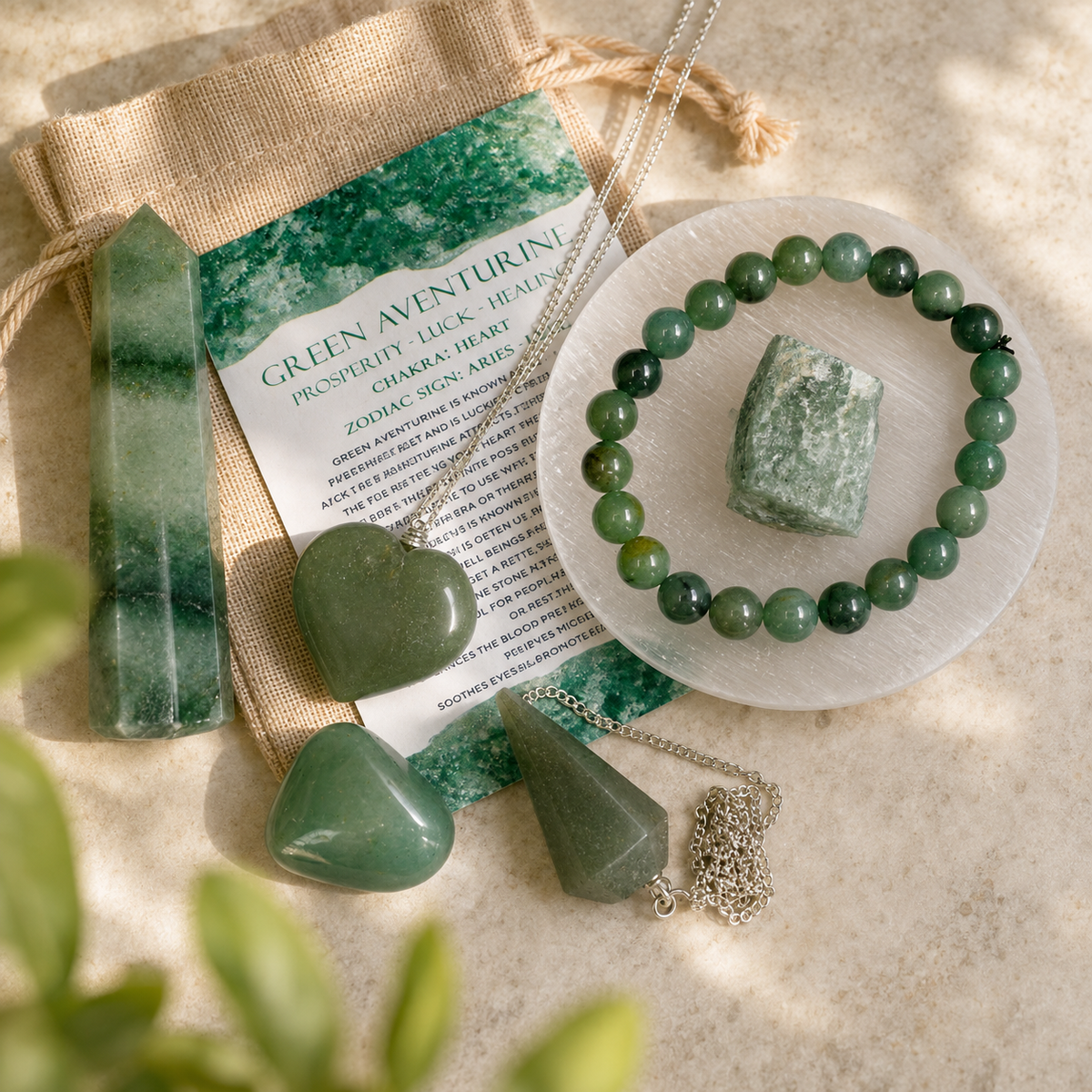 Green Aventurine Crystal Gift Set For Emotional Support and Protection, Real Polished Gemstones. | Merkaba & Platonic Solids | Wiccan Center