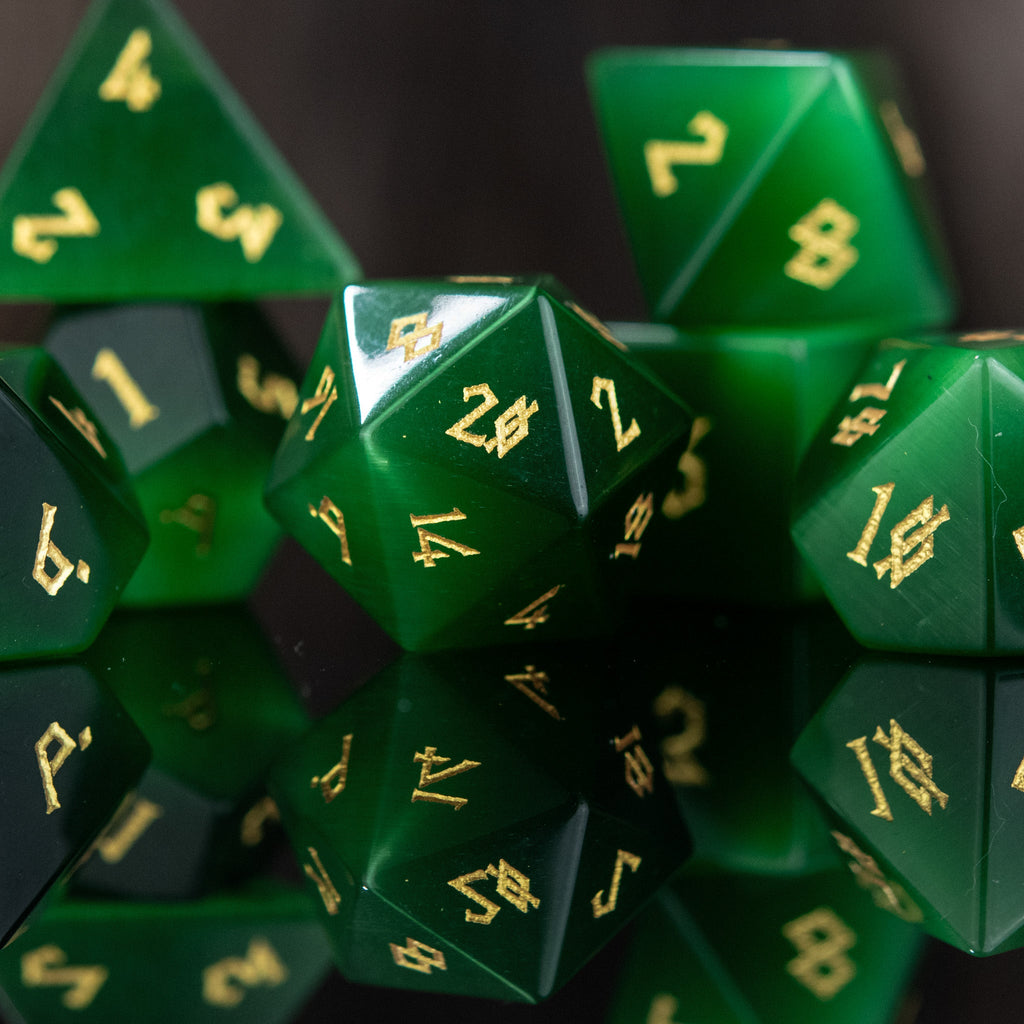 Green Cat's Eye Stone Dice Set | Stone/Glass | Wiccan Center