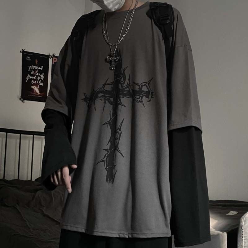 Gothic Style Tshirt Punk Long Sleeve Oversized T-shirt Fake Two-piece Street Fashion Style | T-shirt | Wiccan Center