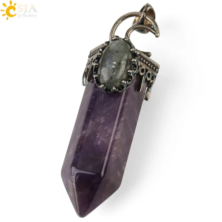 CSJA Natural Stone Crystal Pendants Semi-Precious Necklace Half Moon Pendant Antique Silver Color Hexagon Column Suspension G253