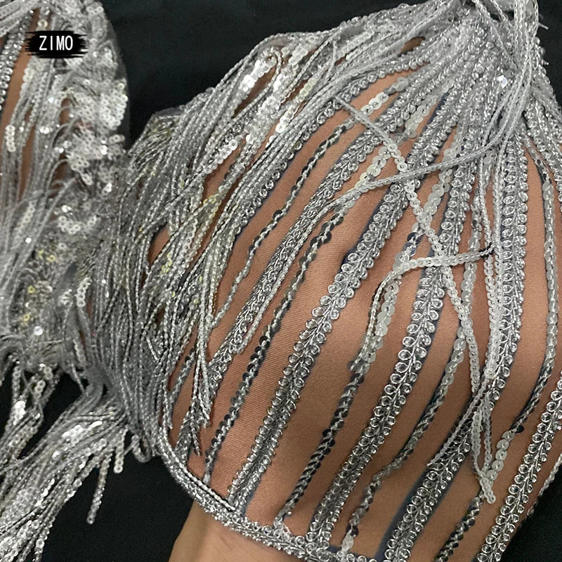 Silver Sequin Tassel Halter Bra & Shorts Stage Performance Set
