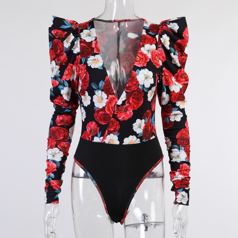 Spring Elegant Boho Print Bodysuits Rompers Women Jumpsuits Puff Sleeve Skinny Sexy V-neck | Jumpsuit | Wiccan Center