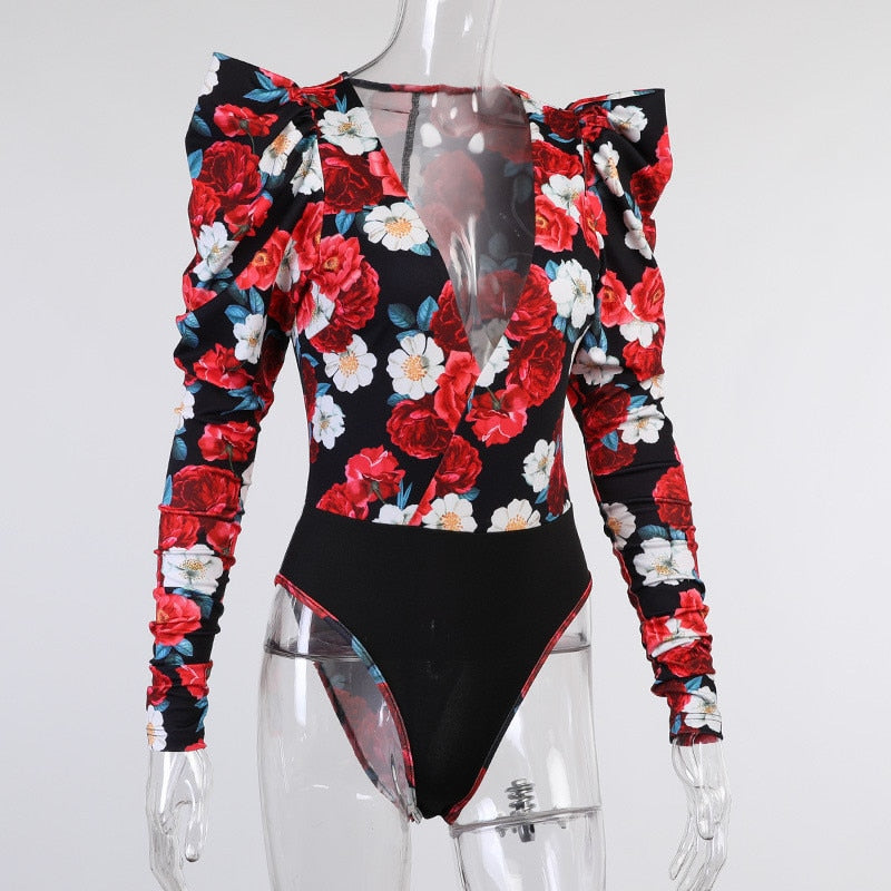 Spring Elegant Boho Print Bodysuits Rompers Women Jumpsuits Puff Sleeve Skinny Sexy V-neck | Jumpsuit | Wiccan Center