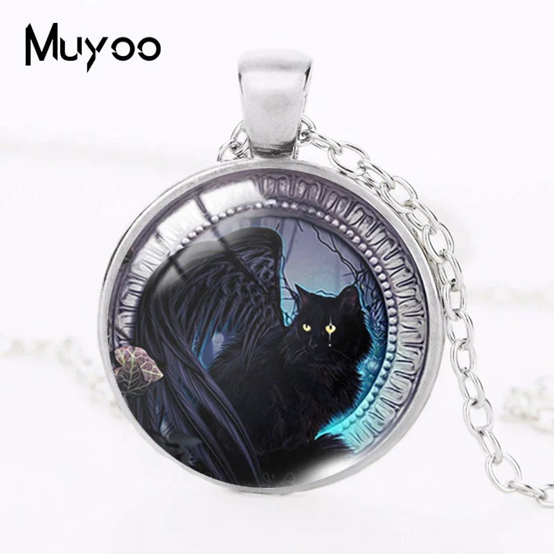 2021 New Cat with Moon Pendant Necklace Witchcraft Painting Round Print Photo Necklaces Glass Dome Jewelry Gifts