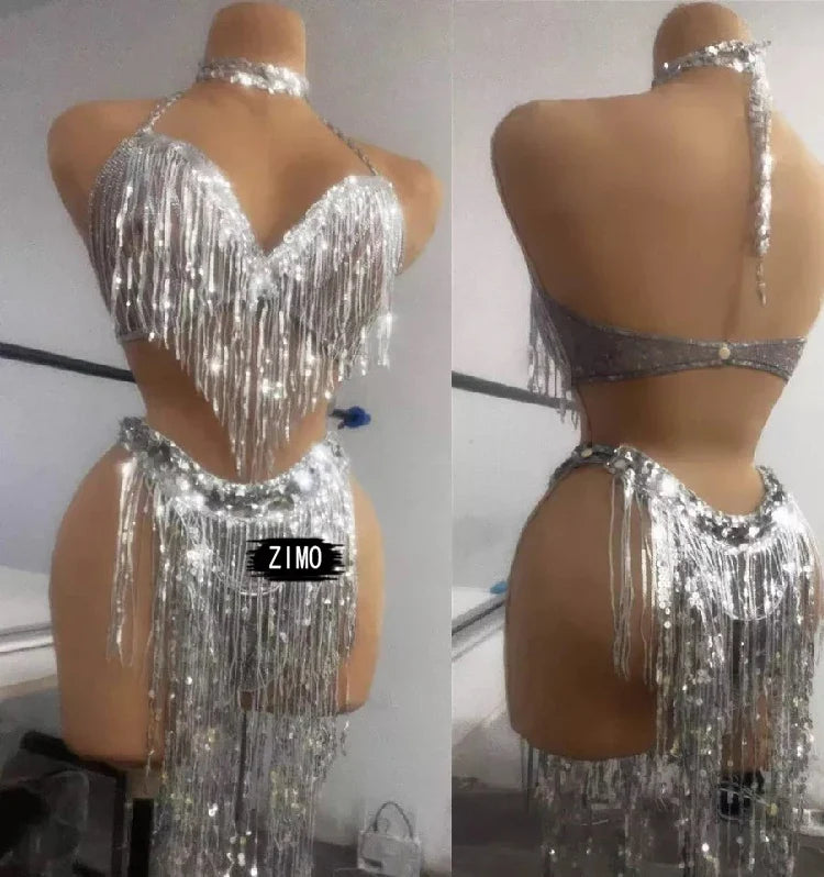 Silver Sequin Tassel Halter Bra & Shorts Stage Performance Set | Costume Sets | Wiccan Center