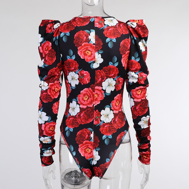 Spring Elegant Boho Print Bodysuits Rompers Women Jumpsuits Puff Sleeve Skinny Sexy V-neck | Jumpsuit | Wiccan Center