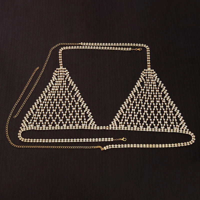 Luxury Rhinestone Grid Body Chain Set – Shimmering Crystal Mesh Bra & Thong Harness Set for Raves, Festivals & Exotic Clubwear