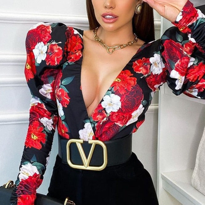 Spring Elegant Boho Print Bodysuits Rompers Women Jumpsuits Puff Sleeve Skinny Sexy V-neck | Jumpsuit | Wiccan Center