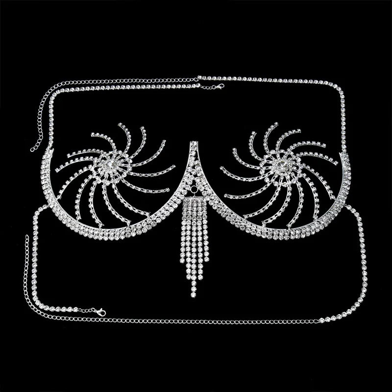 Luxury Crystal Swirl Micro Bikini Body Chain – Shimmering Rhinestone Tassel Bra & Exotic Chest Harness for Festivals, Raves & Clubwear | Body Chains | Wiccan Center