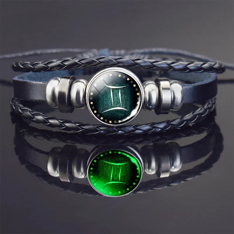 Glow In The Dark Constellation Gemini Bracelet  Braided Leather Bracelet Zodiac Gemini Jewelry Birthday Present