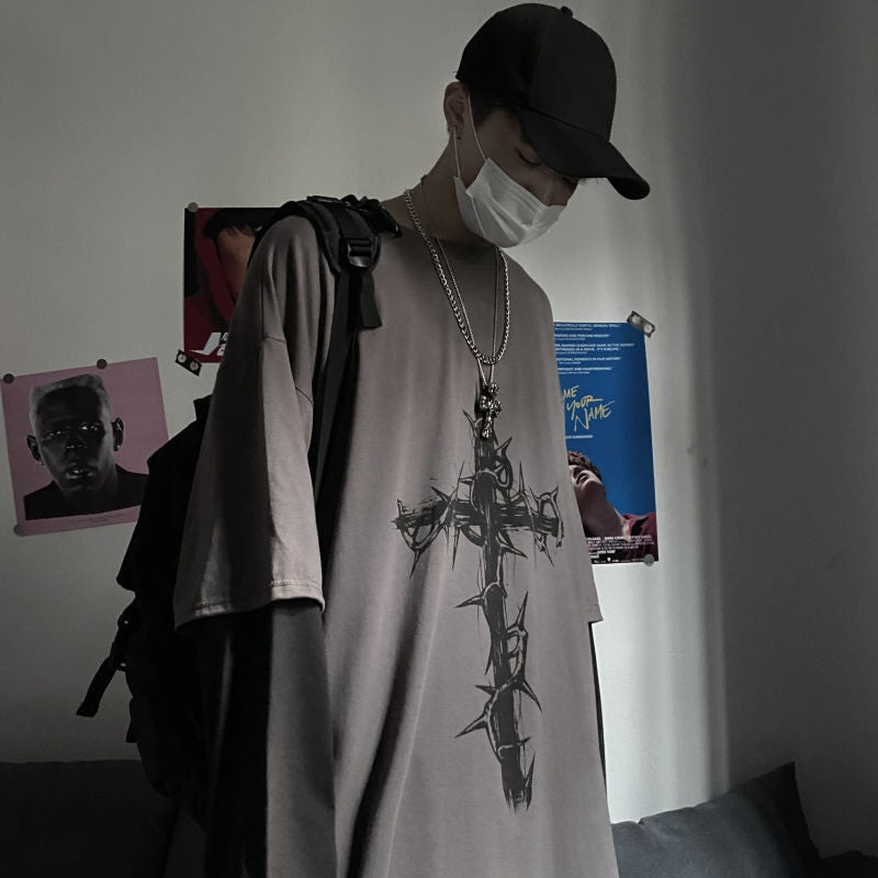 Gothic Style Tshirt Punk Long Sleeve Oversized T-shirt Fake Two-piece Street Fashion Style | T-shirt | Wiccan Center