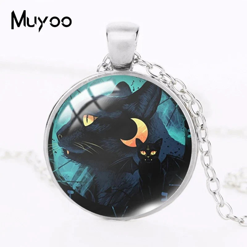 2021 New Cat with Moon Pendant Necklace Witchcraft Painting Round Print Photo Necklaces Glass Dome Jewelry Gifts