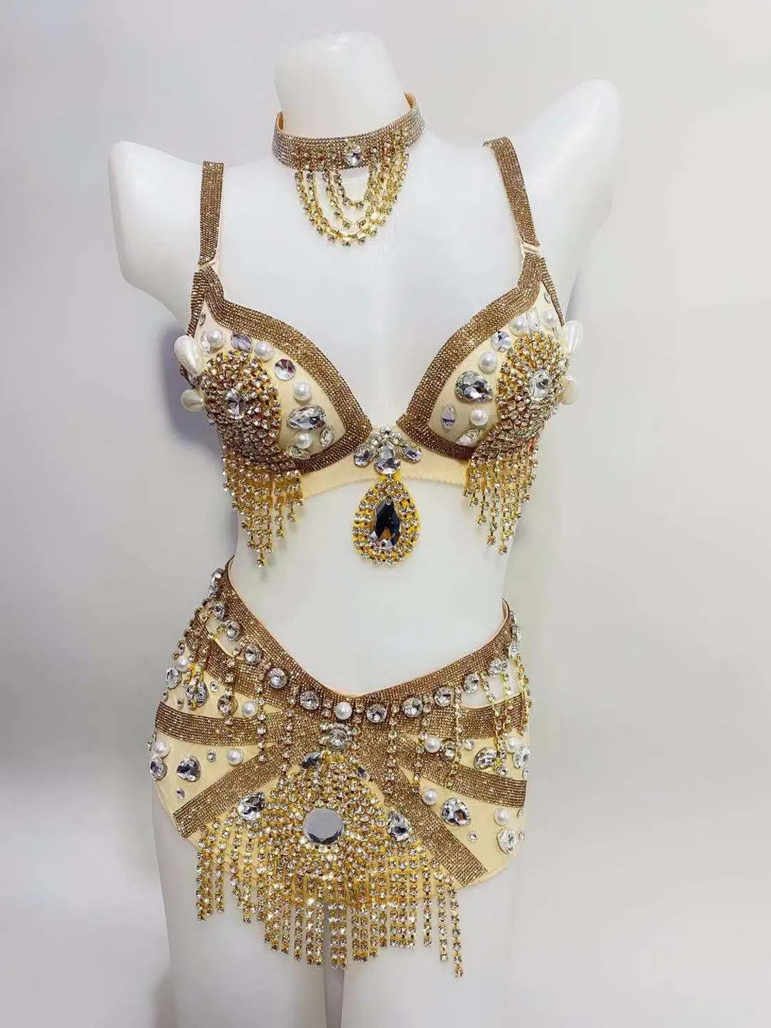 Sparkly Rhinestone Beading Tassel Bikini Sexy Nightclub Stage Wear Fringe Bra High Waist Short DJ Rave Outfit Nightclub Costume | Costume Sets | Wiccan Center