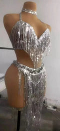 Silver Sequin Tassel Halter Bra & Shorts Stage Performance Set | Costume Sets | Wiccan Center