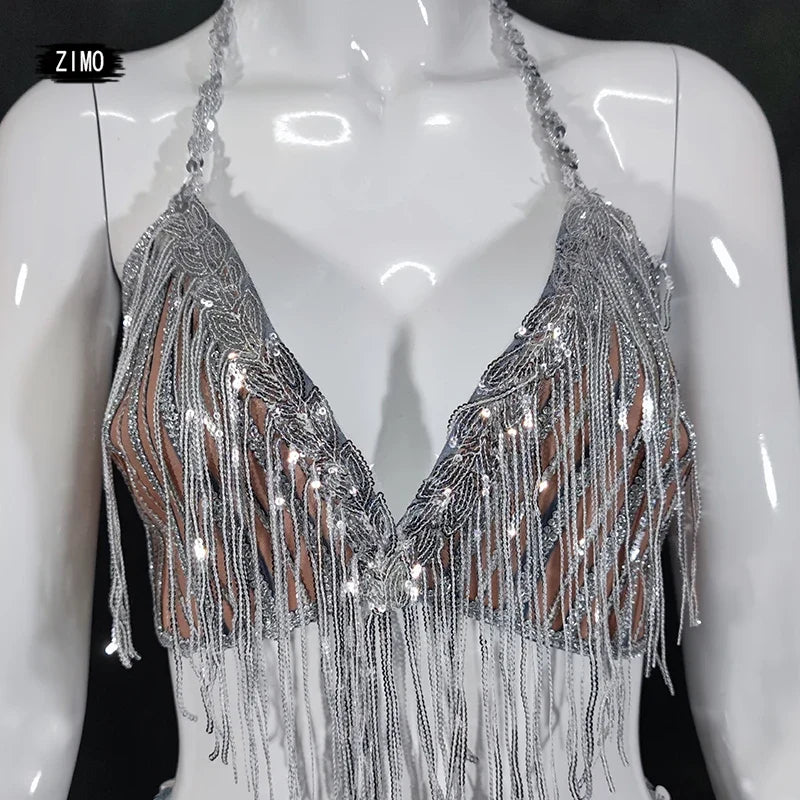 Silver Sequin Tassel Halter Bra & Shorts Stage Performance Set