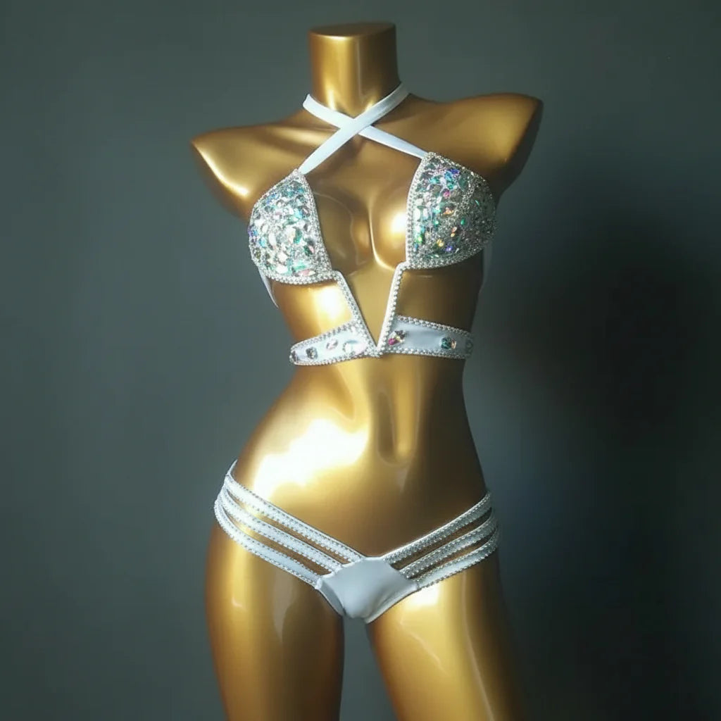 Luxury V-Neck Rhinestone Set – Shimmering Crystal Push-Up Costume Suit for Clubs & Festivals