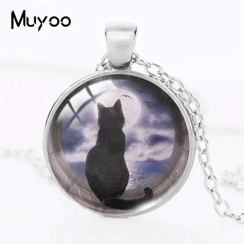 2021 New Cat with Moon Pendant Necklace Witchcraft Painting Round Print Photo Necklaces Glass Dome Jewelry Gifts