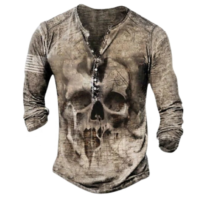 Skull Henley Print Long Sleeve Tshirts Men's | | Wiccan Center