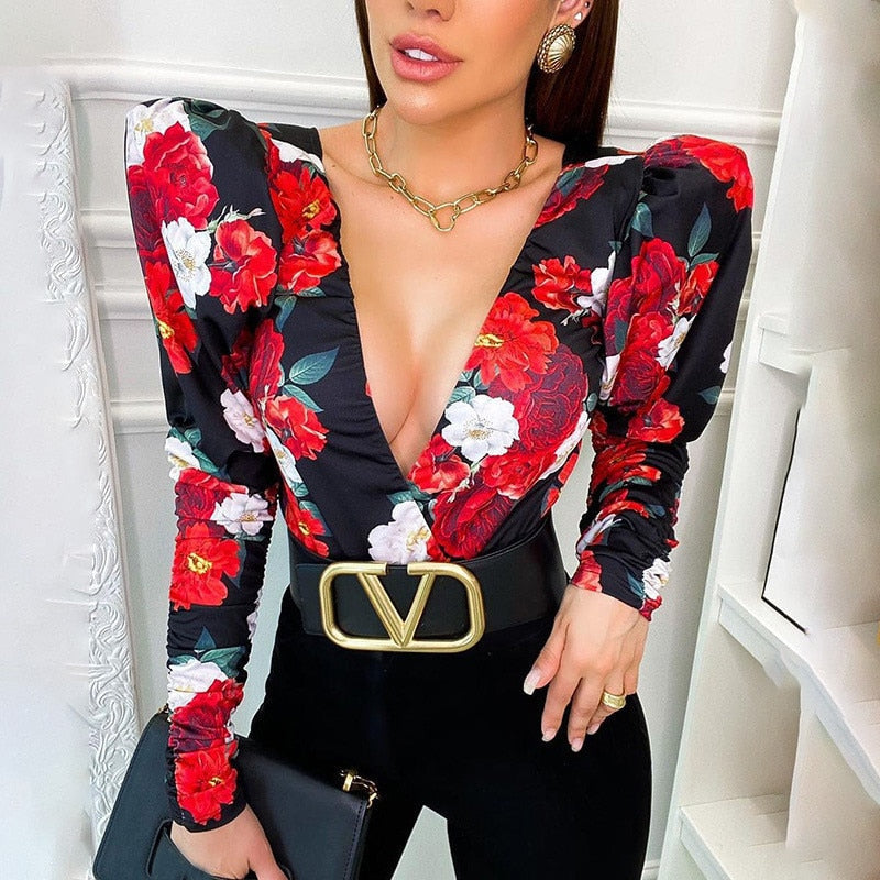 Spring Elegant Boho Print Bodysuits Rompers Women Jumpsuits Puff Sleeve Skinny Sexy V-neck | Jumpsuit | Wiccan Center